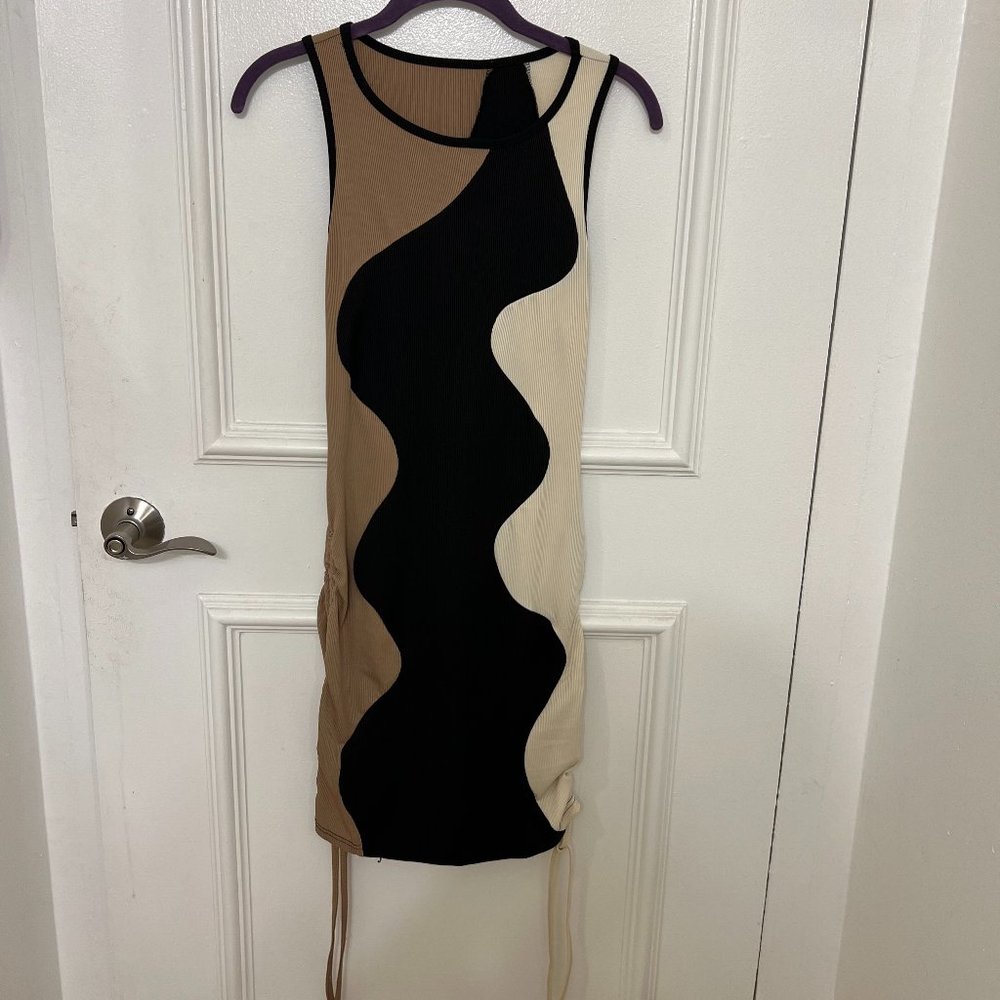 Women's Ruched Sleeveless Mini Bodycon Dress Drawstring Tie Side Round Neck